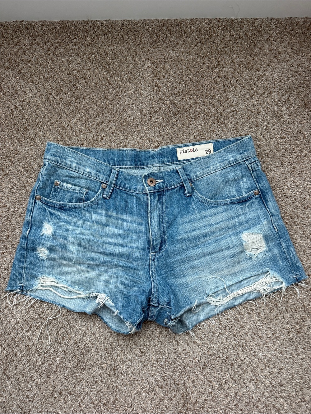 pistola light blue distressed denim cutoff shorts